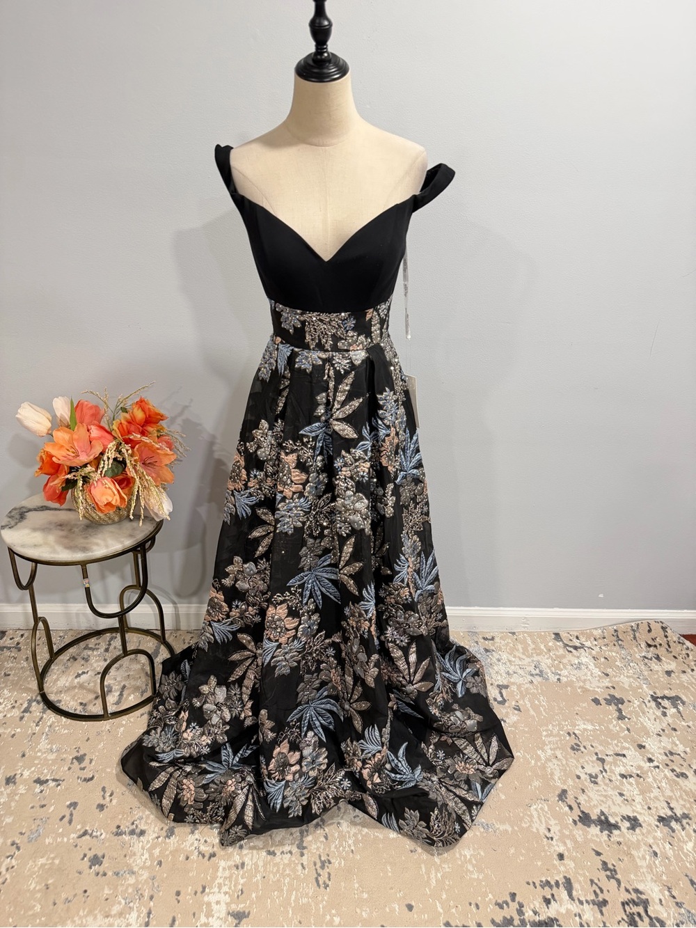 Ellie Wilde Mon Cheri Elegant Black Off The Shoulder Floral Evening Ballgown